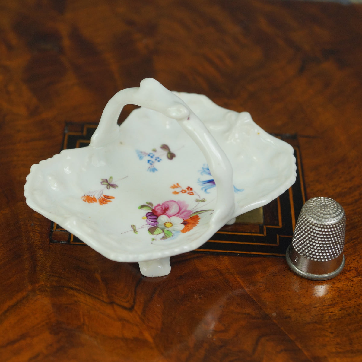 Antique 19th Century English Miniature Porcelain Basket Hand Painted Floral Circa 1840