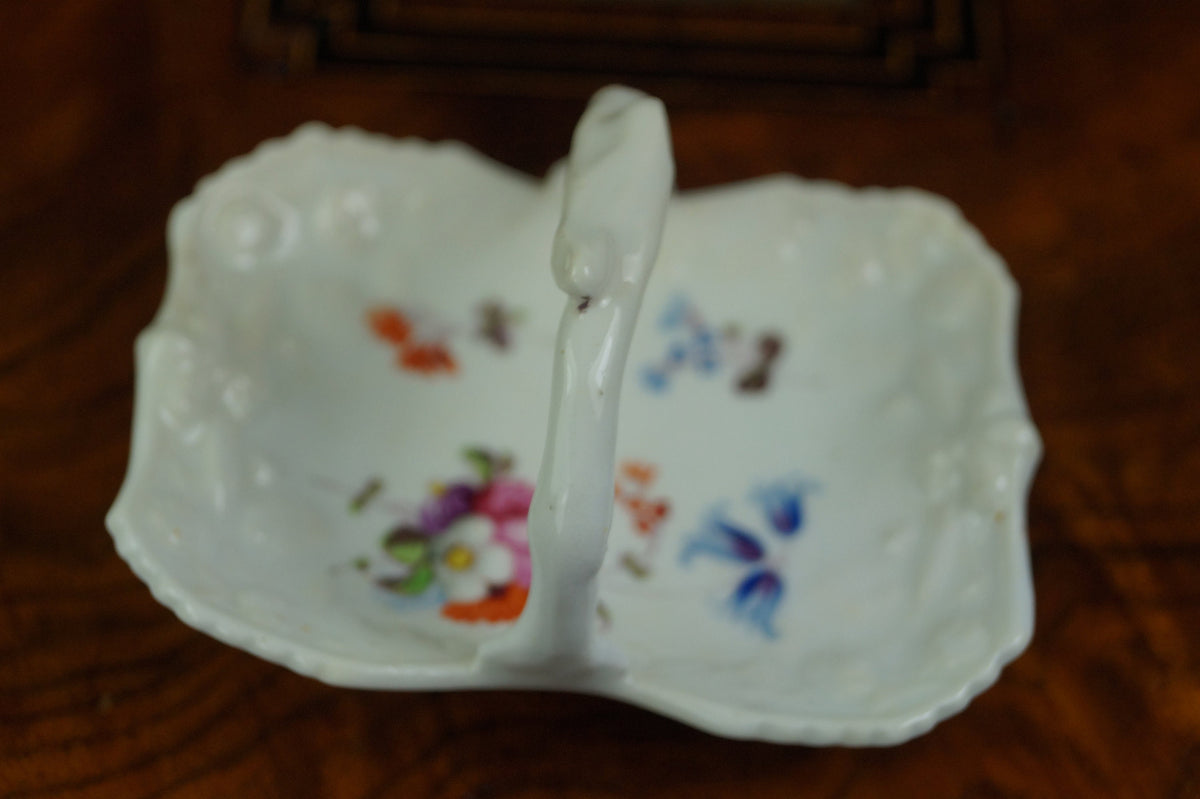 Antique 19th Century English Miniature Porcelain Basket Hand Painted Floral Circa 1840