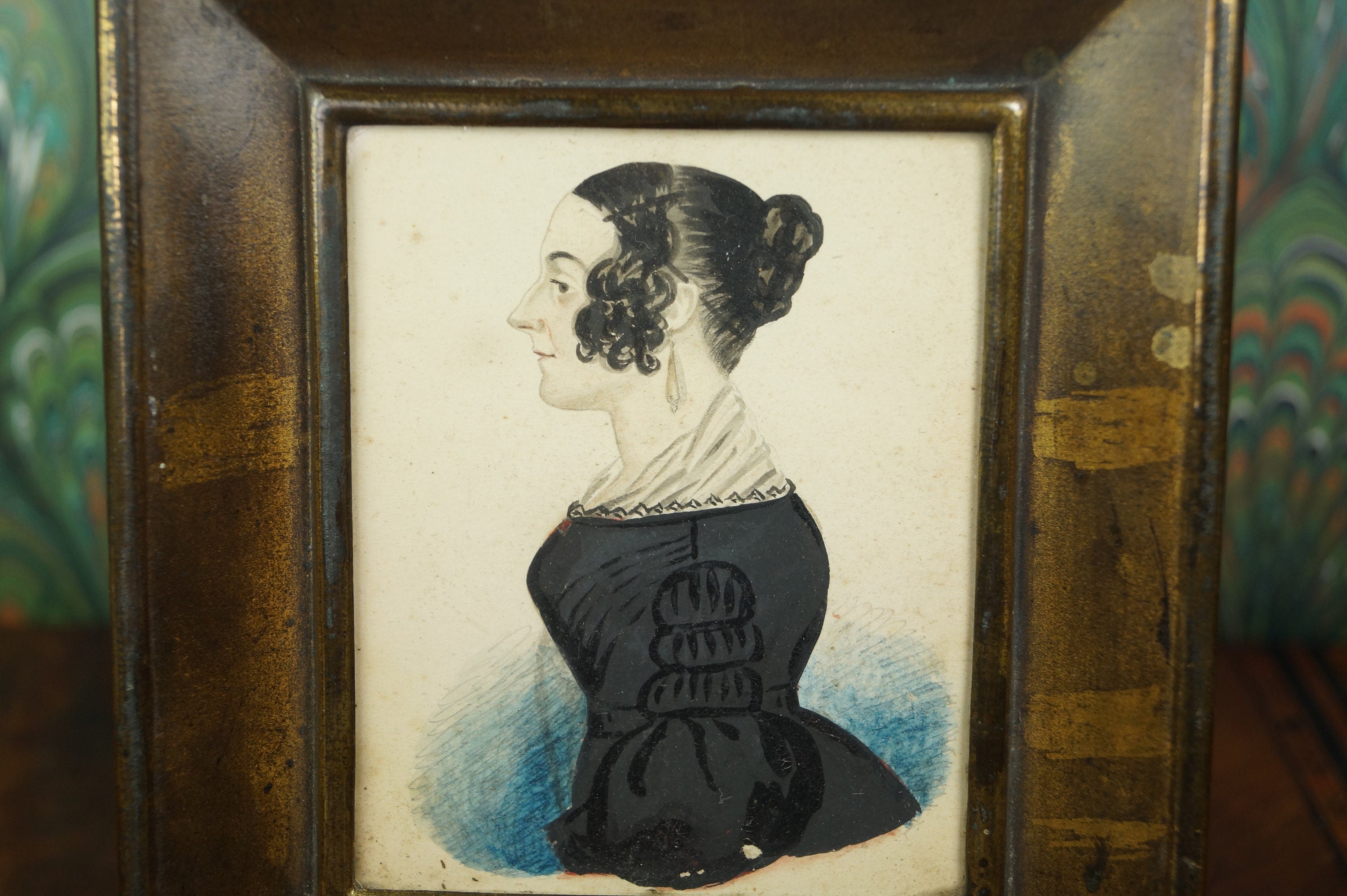 Antique Folk Art Portrait Miniature Lady Black Dress RARE Pressed Frame American School, 1840