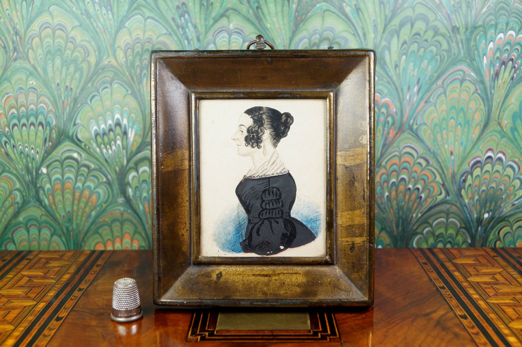 Antique Folk Art Portrait Miniature Lady Black Dress RARE Pressed Frame American School, 1840