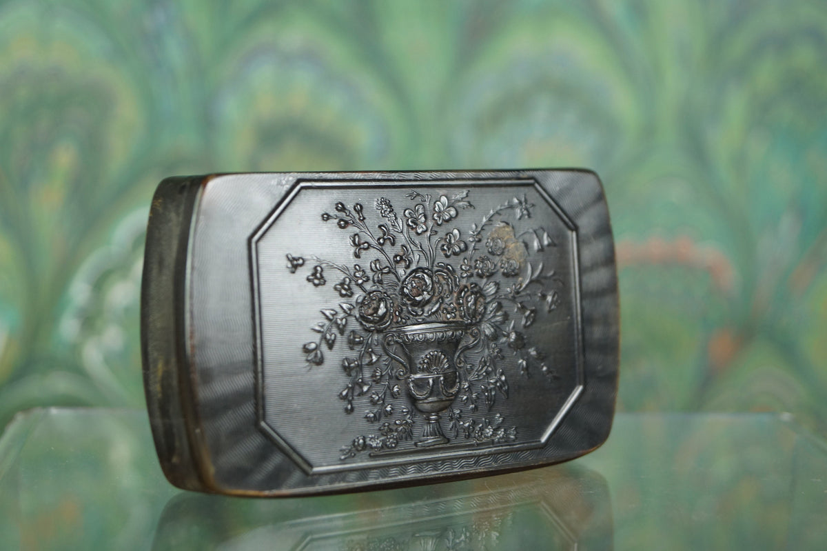 Antique 19th Century Pressed Horn Snuff Box Floral Design C 1830