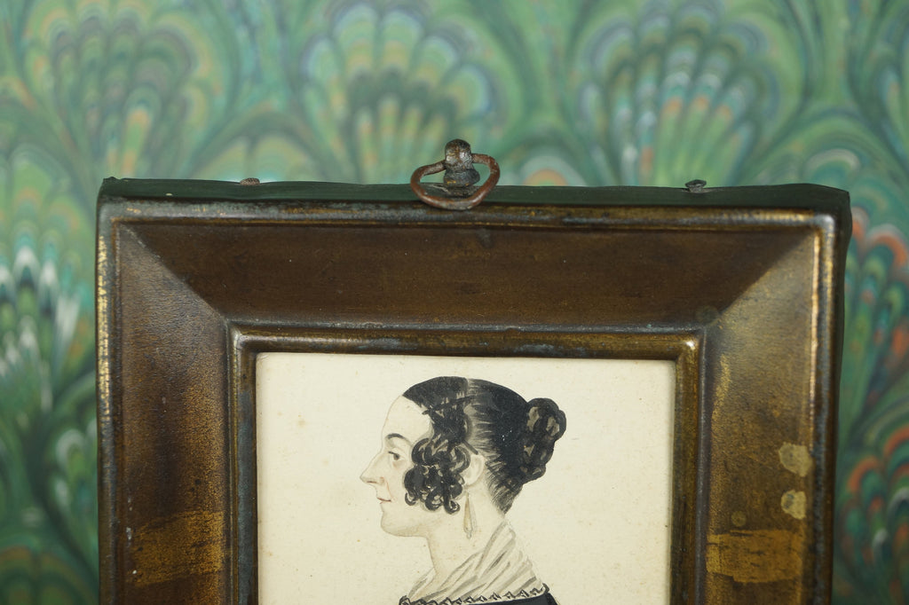 Antique Folk Art Portrait Miniature Lady Black Dress RARE Pressed Frame American School, 1840