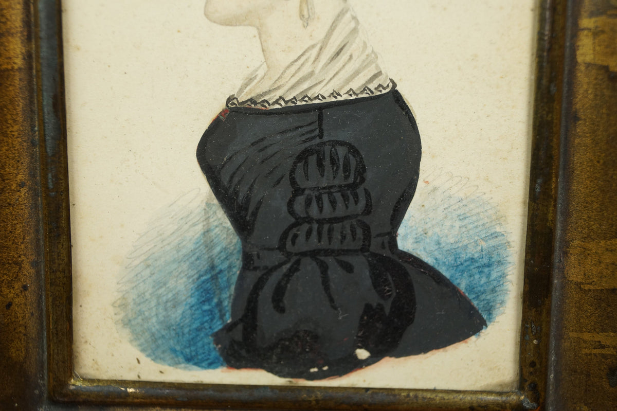 Antique Folk Art Portrait Miniature Lady Black Dress RARE Pressed Frame American School, 1840