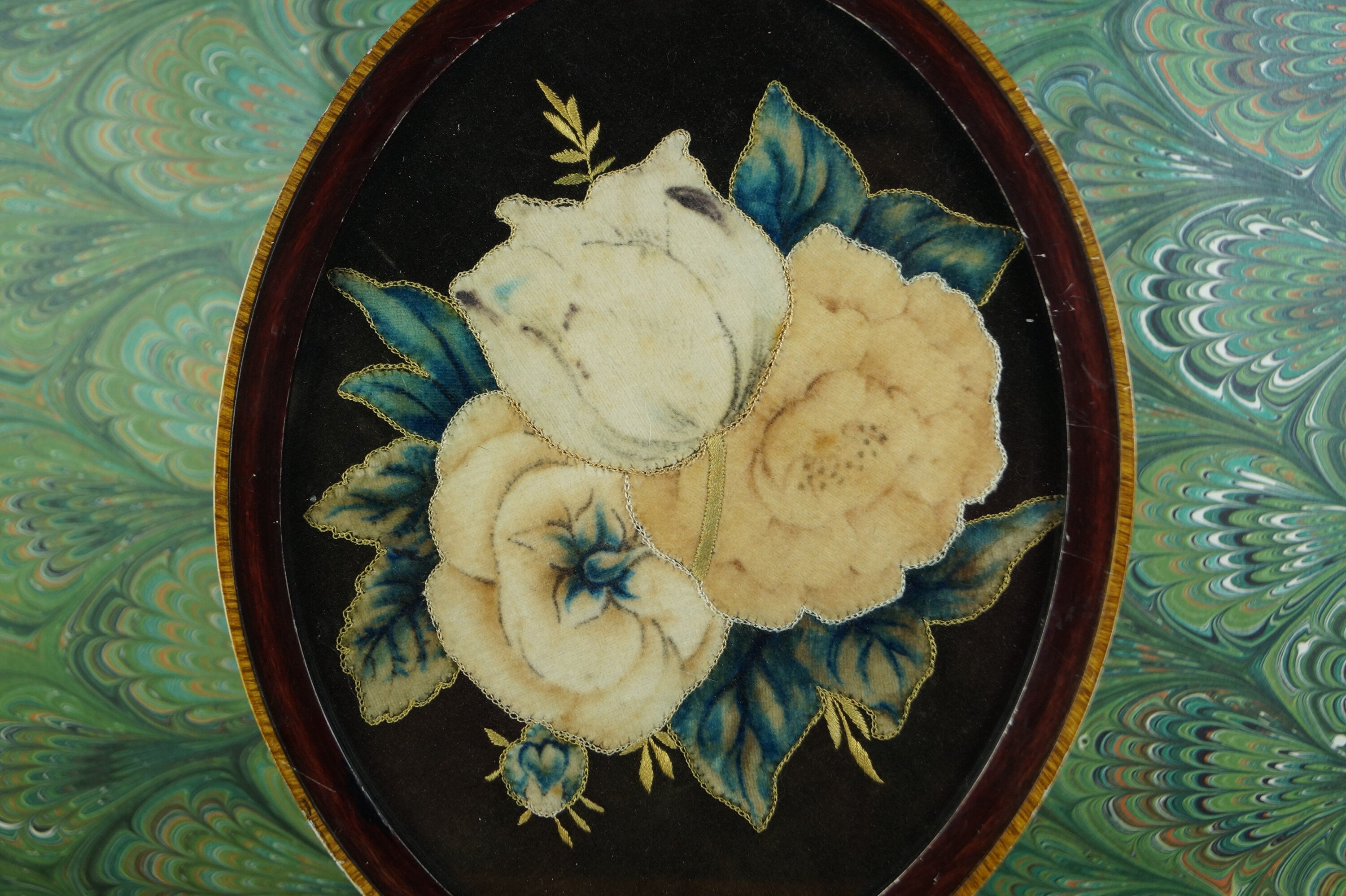Antique Velvet Theorem Oval Frame Floral Roses Tulip Folk Art