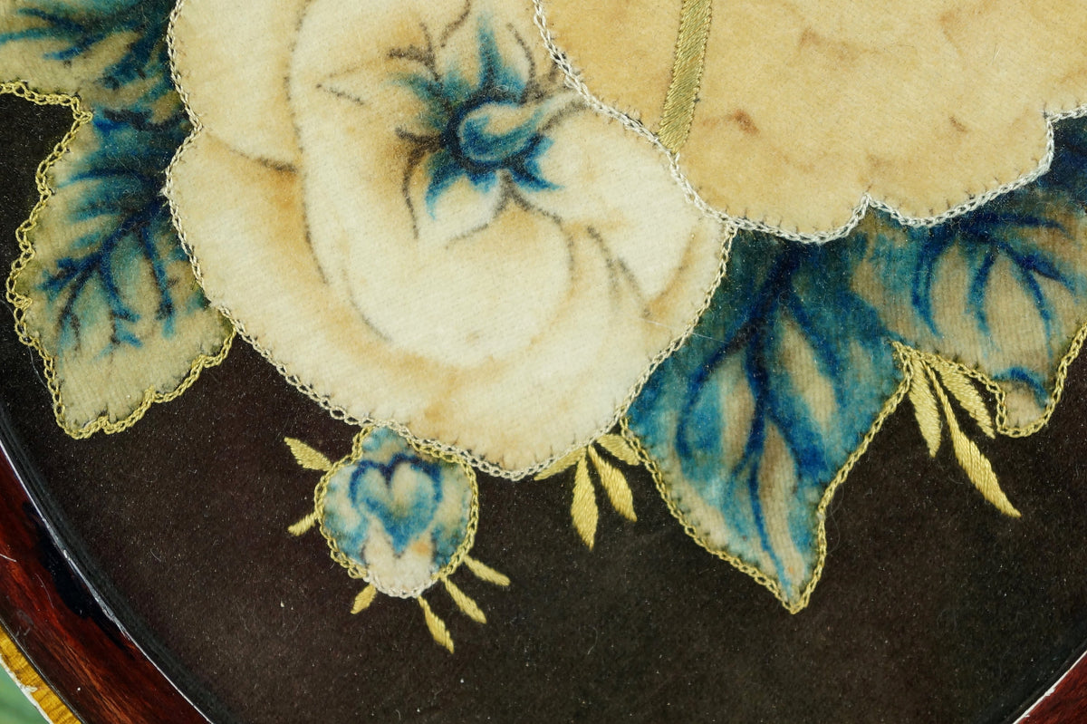 Antique Velvet Theorem Oval Frame Floral Roses Tulip Folk Art