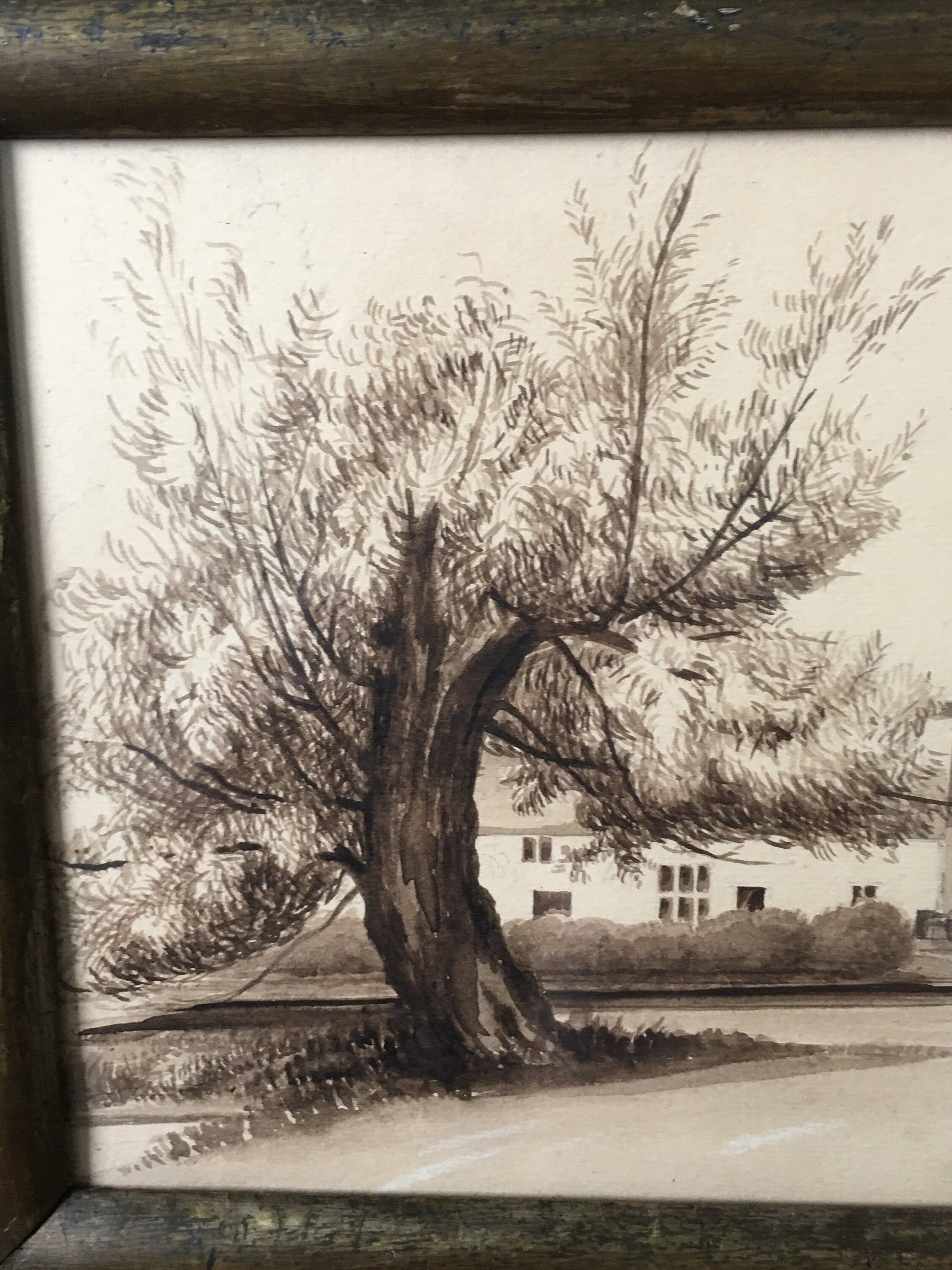 Antique 19th Century Painting Pen and Ink Sepia English Manor House Country Estate