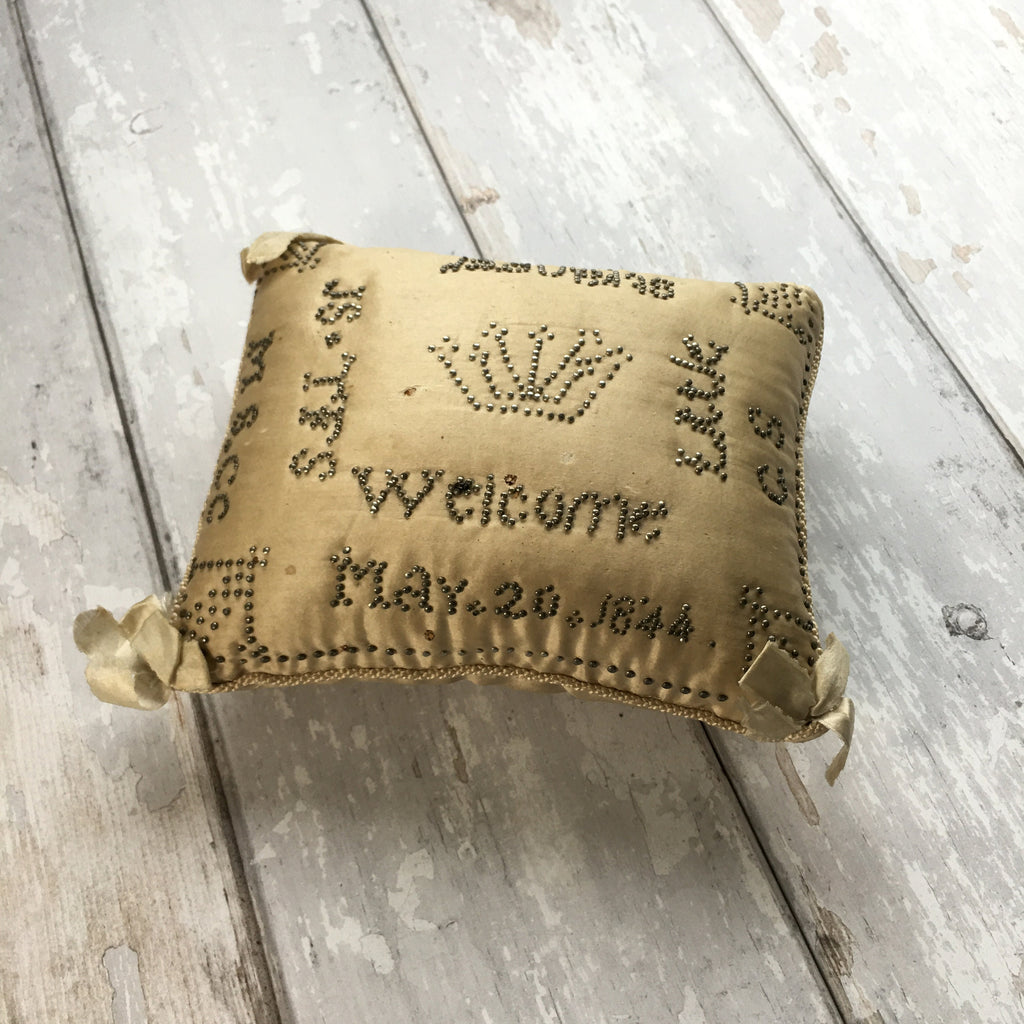 Antique Layette Pincushion Birth Pin Cushion Welcome Little Stranger Dated 1844 AF