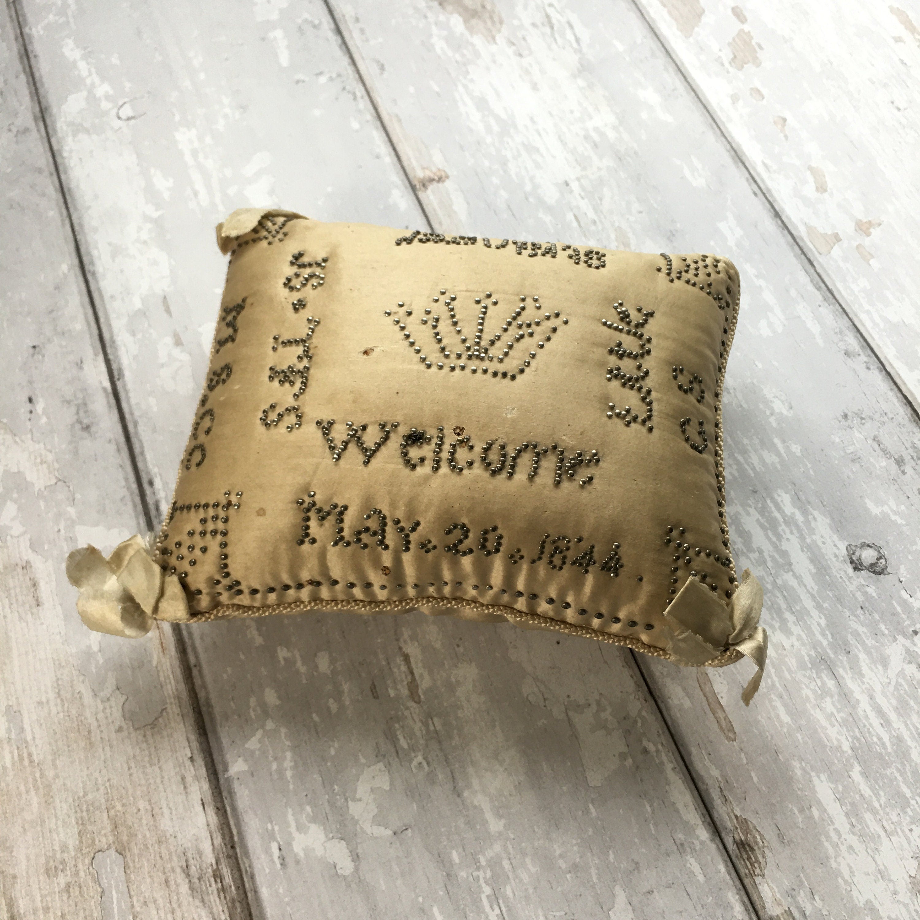 Antique Layette Pincushion Birth Pin Cushion Welcome Little Stranger Dated 1844 AF