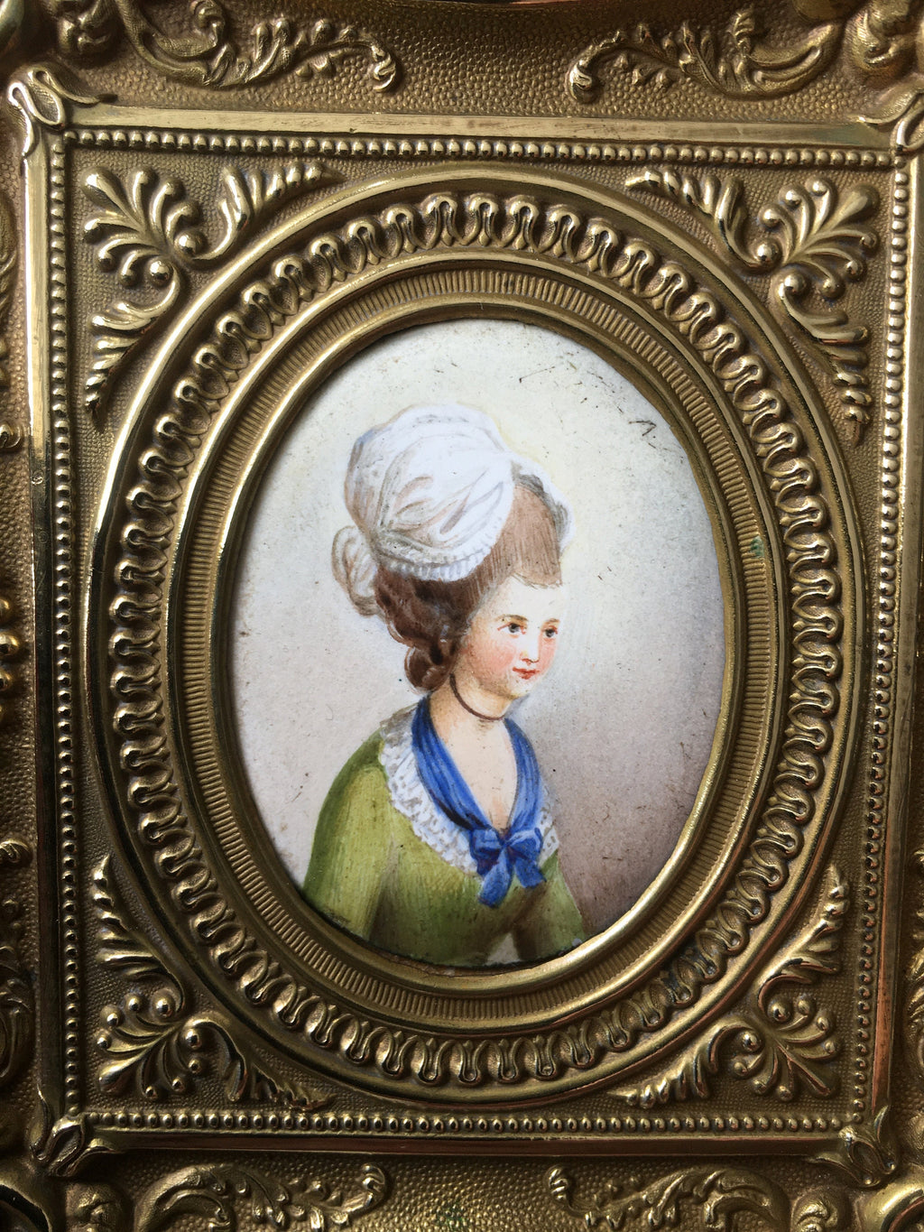 Antique Enamel Portrait Miniature Ornate Brass Frame C 1850