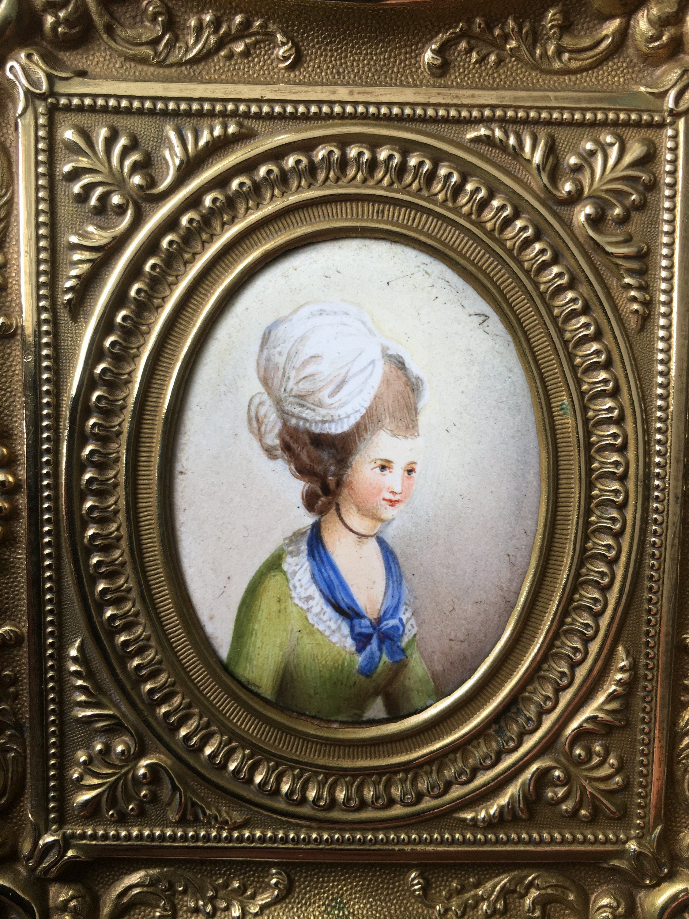 Antique Enamel Portrait Miniature Ornate Brass Frame C 1850