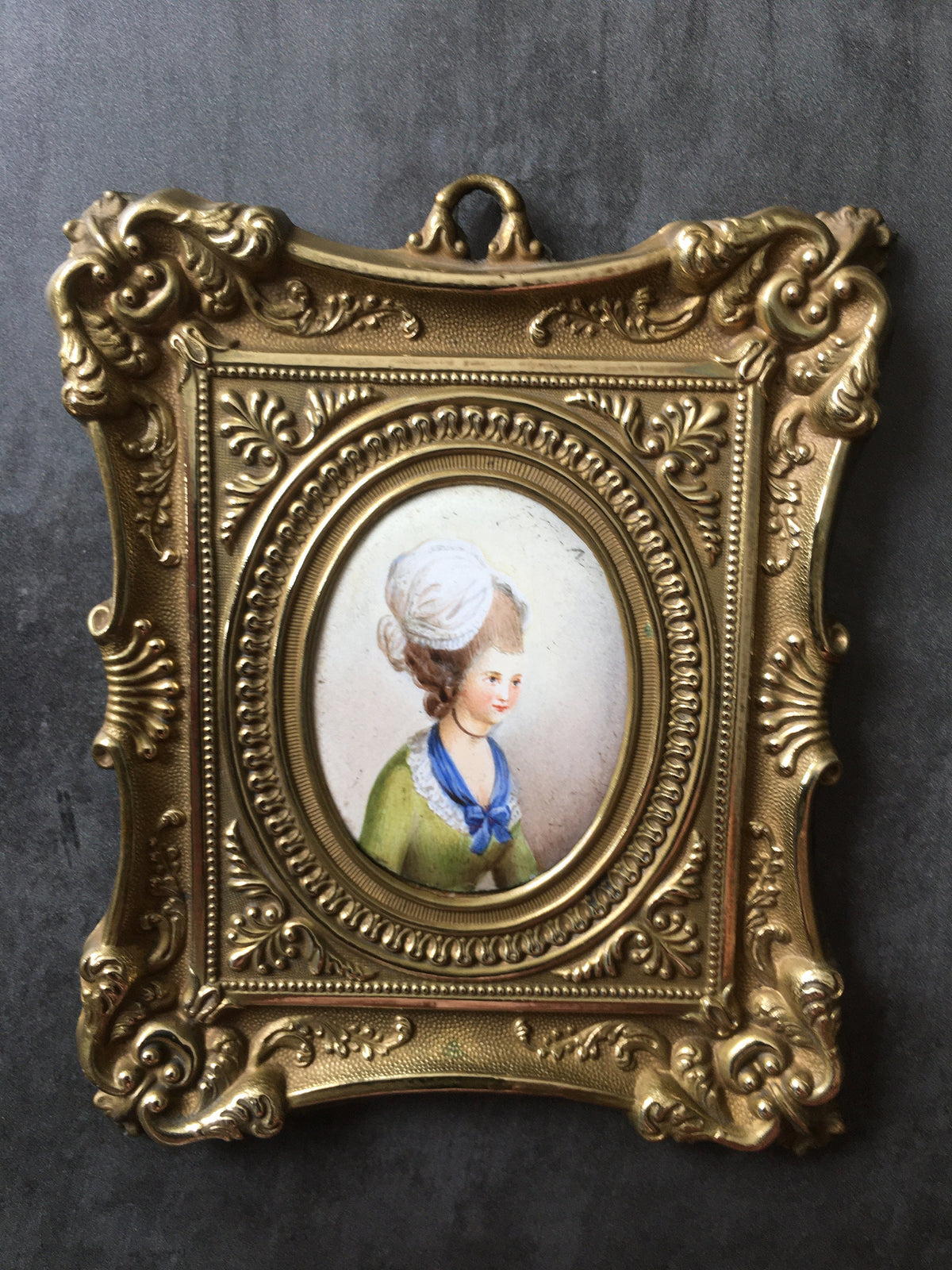 Antique Enamel Portrait Miniature Ornate Brass Frame C 1850