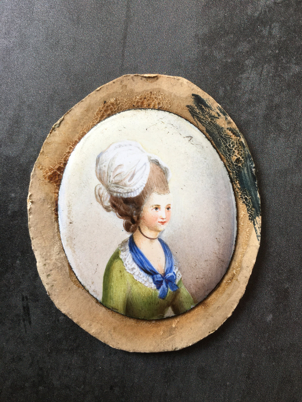 Antique Enamel Portrait Miniature Ornate Brass Frame C 1850