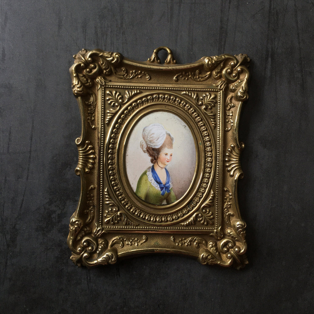 Antique Enamel Portrait Miniature Ornate Brass Frame C 1850