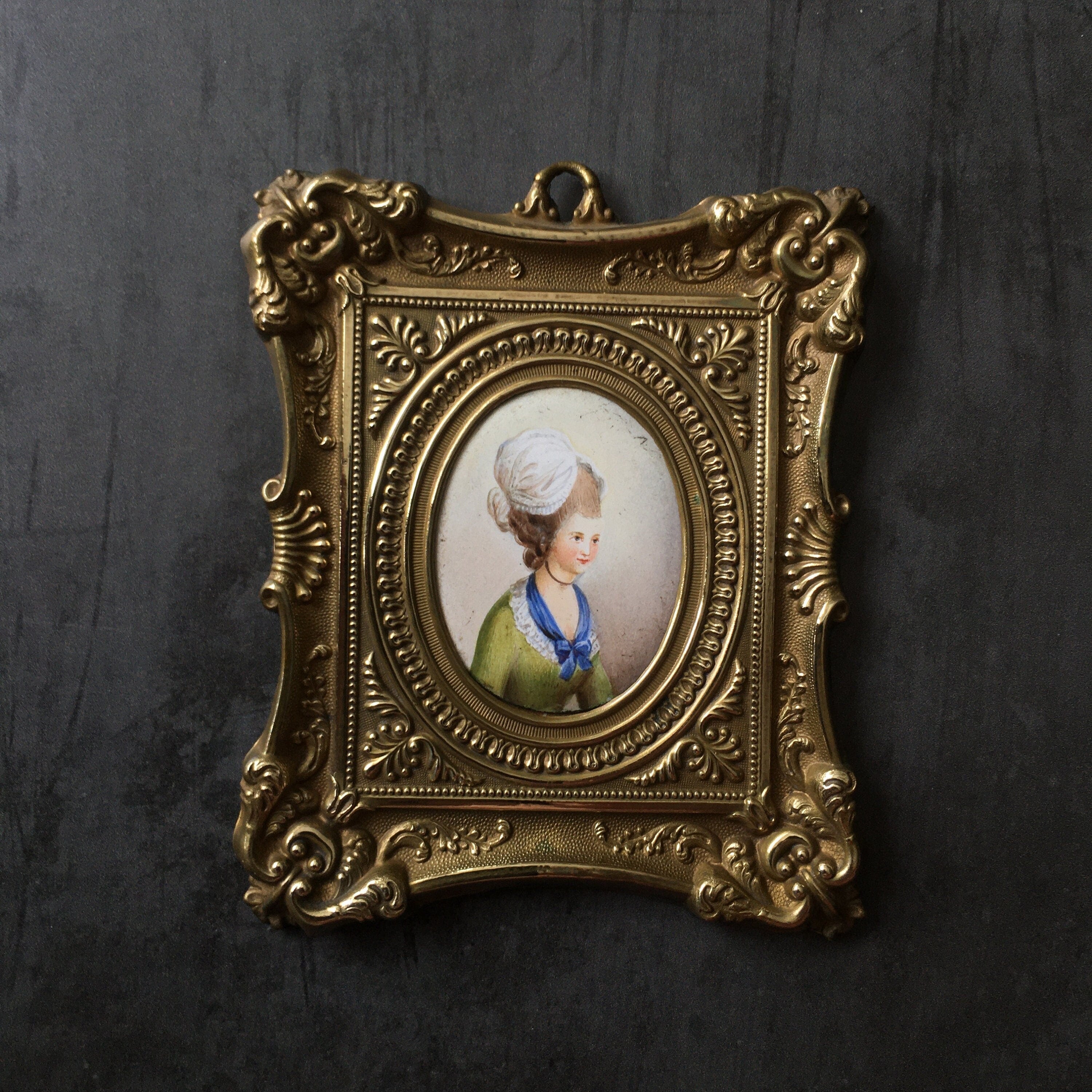 Antique Enamel Portrait Miniature Ornate Brass Frame C 1850