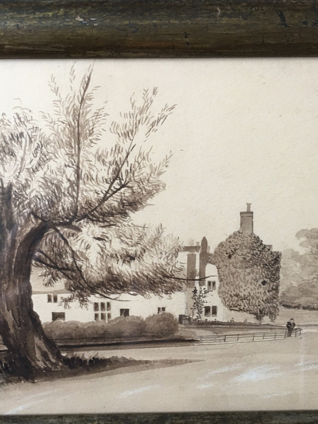 Antique 19th Century Painting Pen and Ink Sepia English Manor House Country Estate