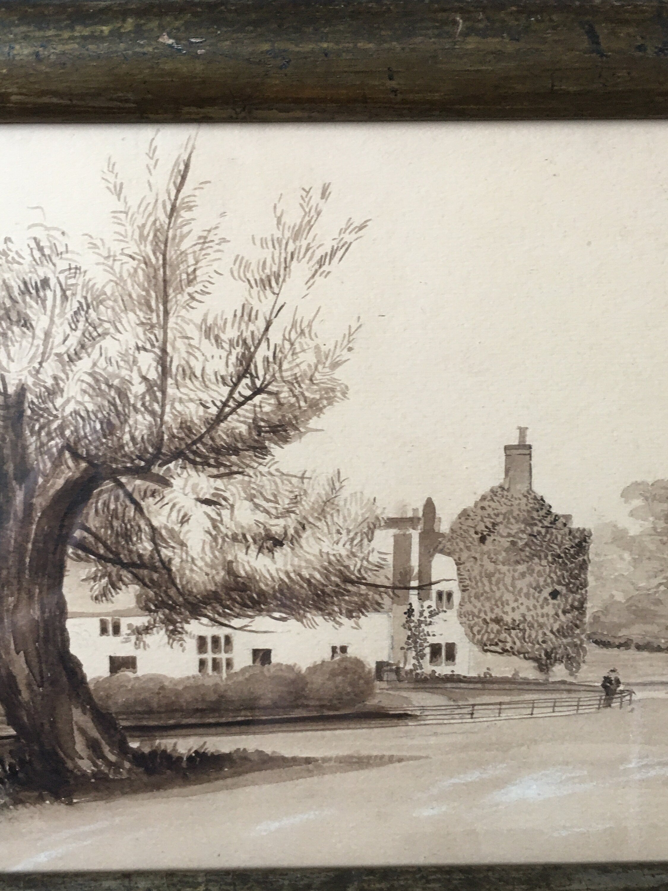 Antique 19th Century Painting Pen and Ink Sepia English Manor House Country Estate