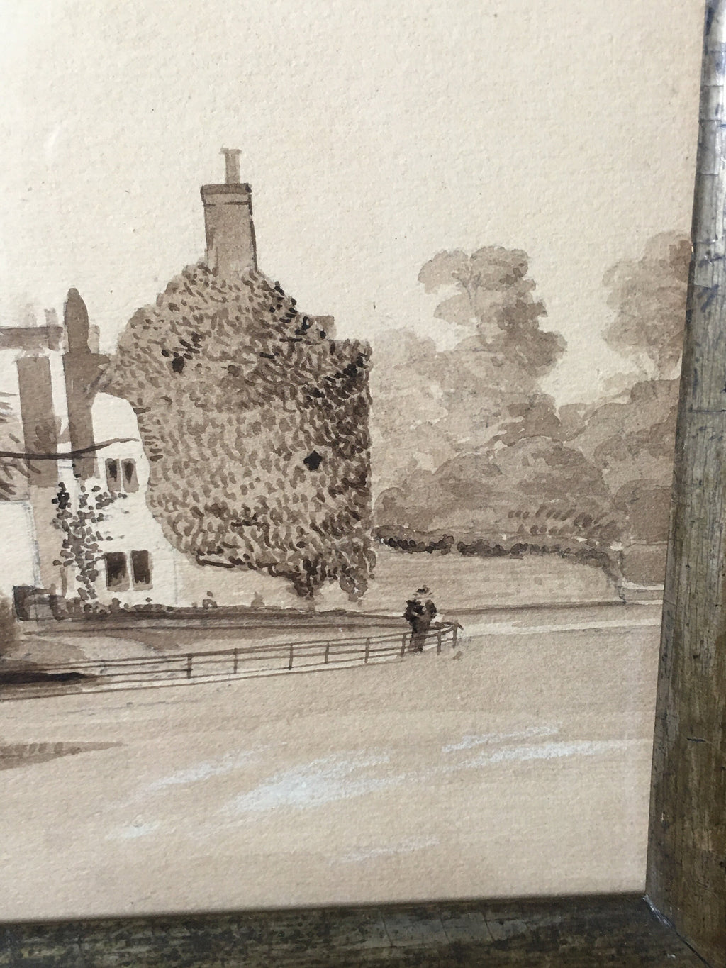 Antique 19th Century Painting Pen and Ink Sepia English Manor House Country Estate