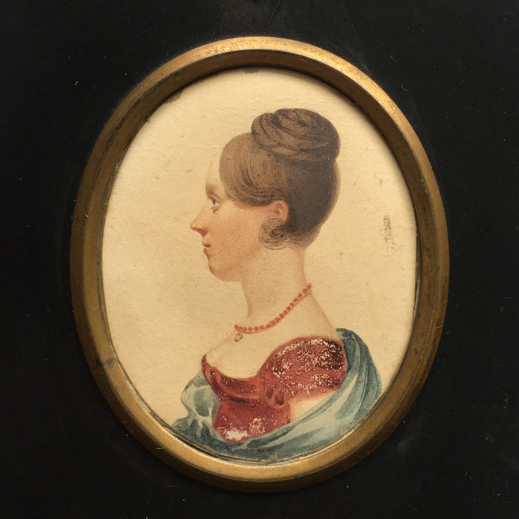 19th Century Portrait Miniature Regency Lady Painting Red Dress Circa 1820
