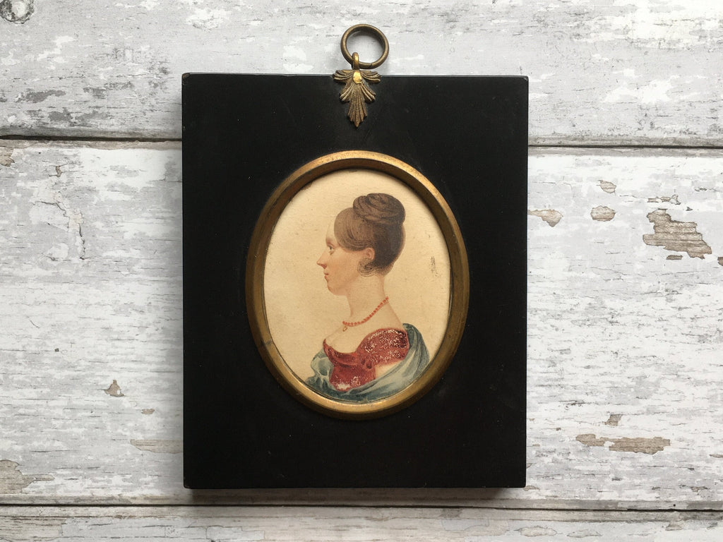 19th Century Portrait Miniature Regency Lady Painting Red Dress Circa 1820