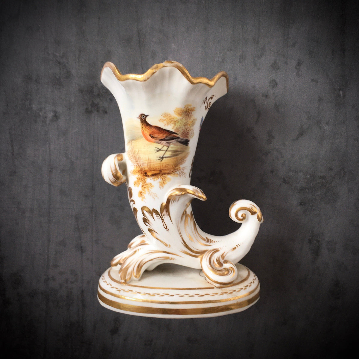 Antique Porcelain Cornucopia Vase Hand-Painted Bird and Butterfly Regency Era