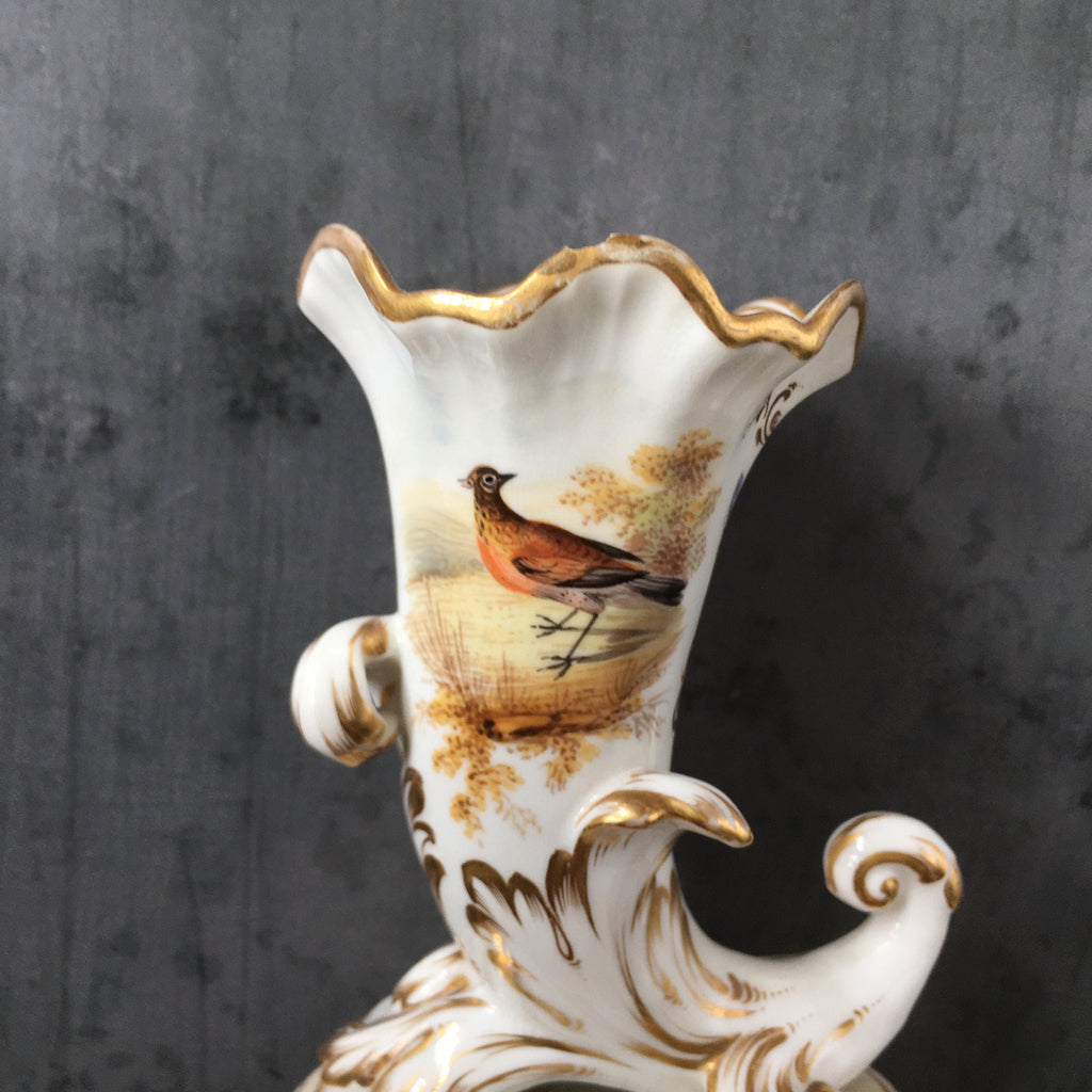 Antique Porcelain Cornucopia Vase Hand-Painted Bird and Butterfly Regency Era