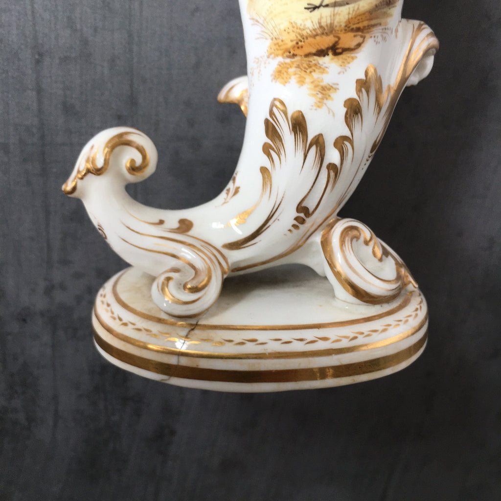 Antique Porcelain Cornucopia Vase Hand-Painted Bird and Butterfly Regency Era