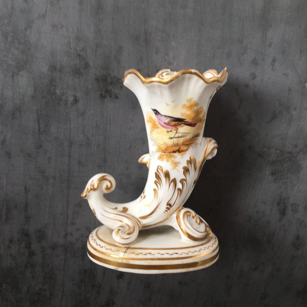 Antique Porcelain Cornucopia Vase Hand-Painted Bird and Butterfly Regency Era