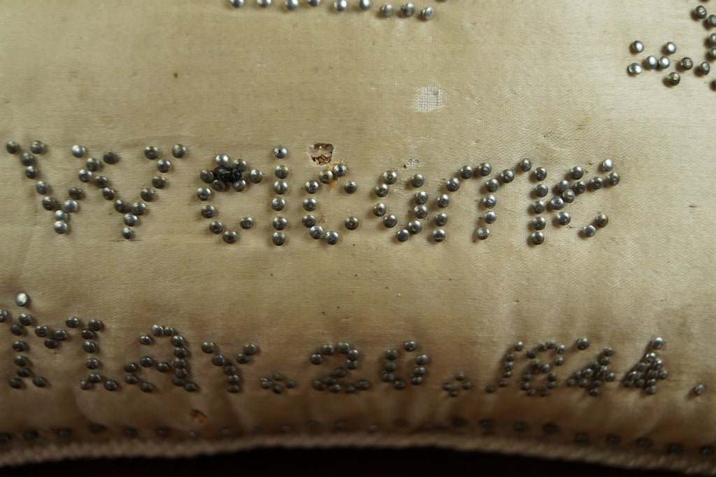 Antique Layette Pincushion Birth Pin Cushion Welcome Little Stranger Dated 1844 AF
