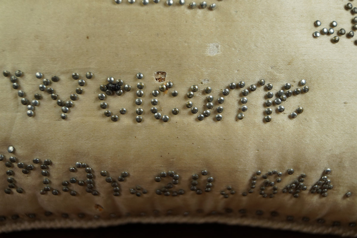 Antique Layette Pincushion Birth Pin Cushion Welcome Little Stranger Dated 1844 AF