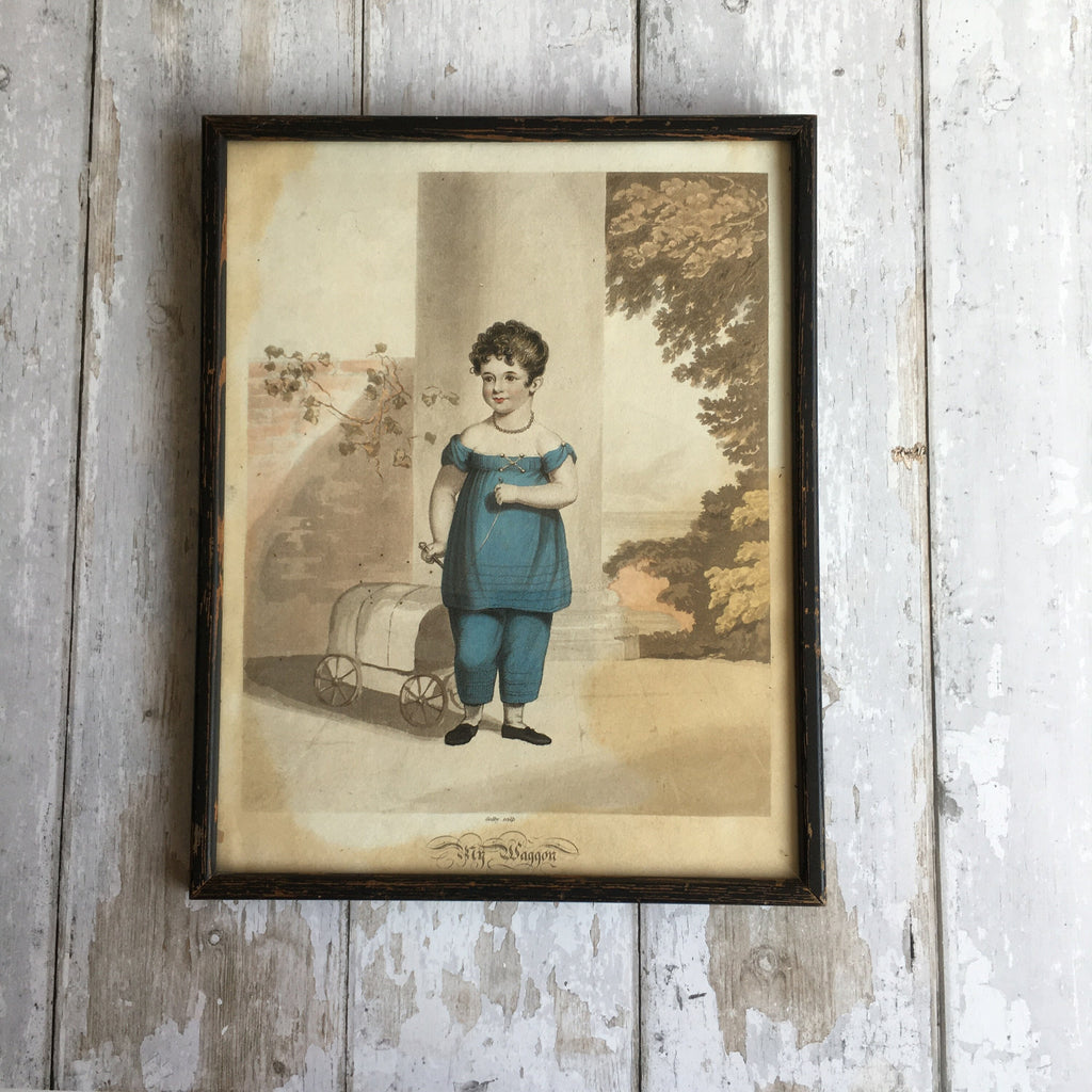 Adorable Georgian Engraving Child And Pull Toy Fly Wagon by James Godby Circa 1810