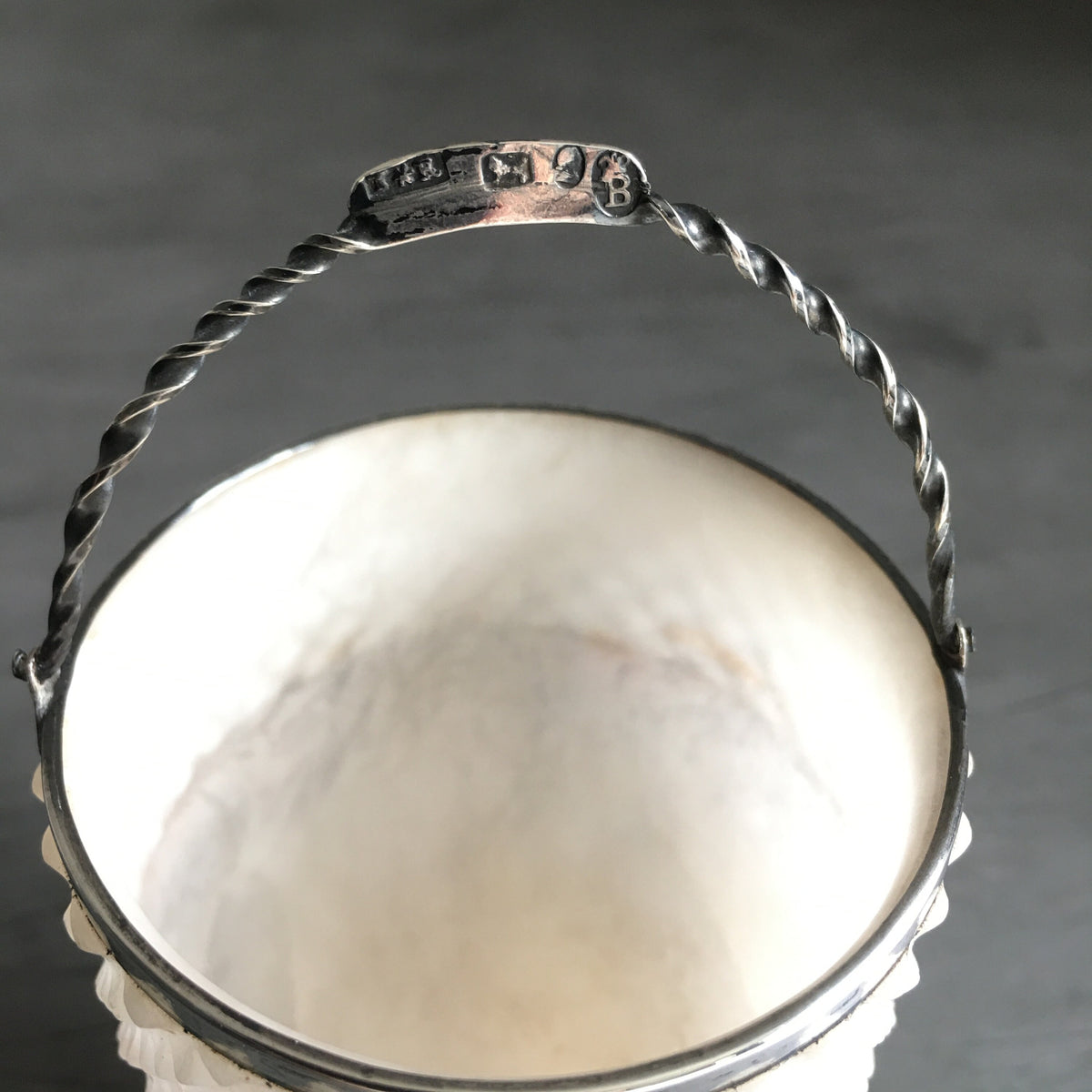 19th Century Swing Handle Alabaster Sugar Basket Sterling Silver Dated 1805