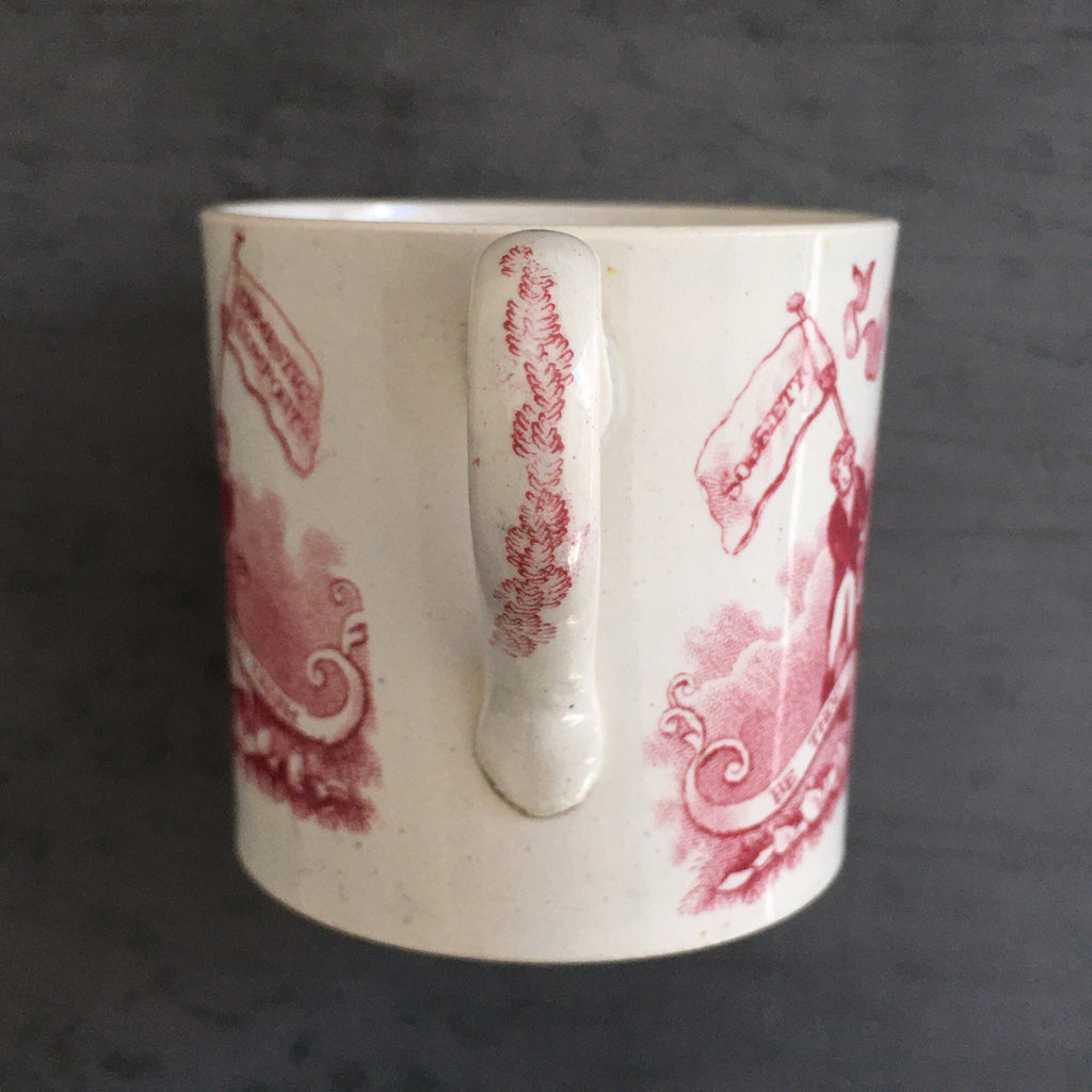 Antique Child's Mug Temperance Movement ‘Firm As An Oak’ Red Transfer Ware C 1835