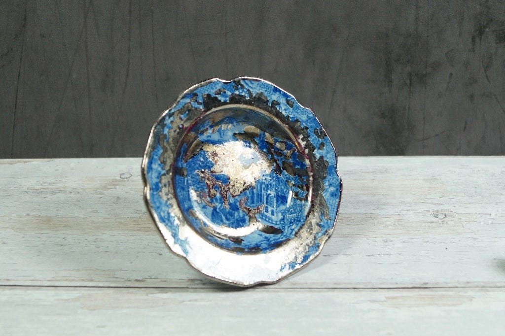 19th Century Silver Lustre Toy Dish Queen of Sheba Blue Transferware