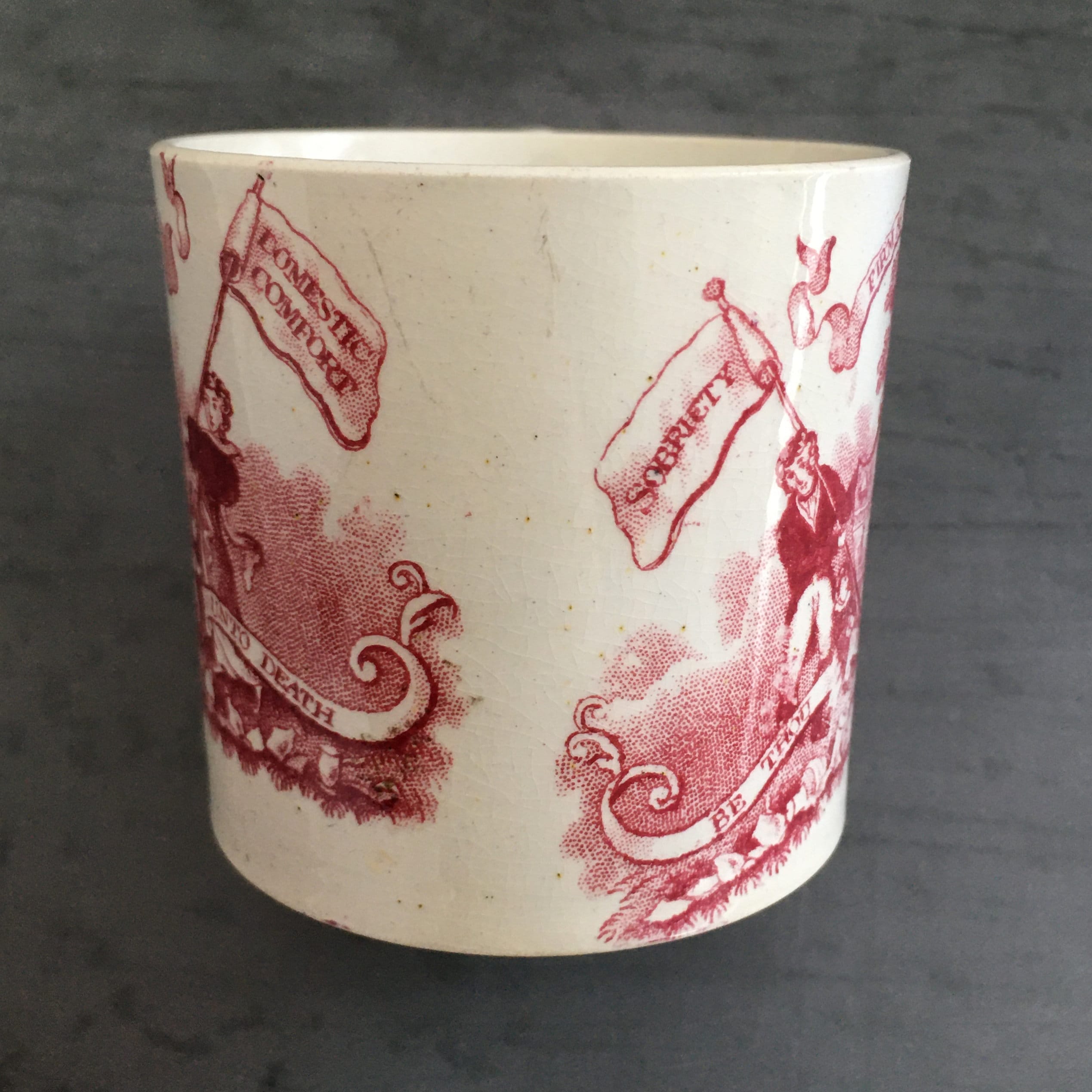 Antique Child's Mug Temperance Movement ‘Firm As An Oak’ Red Transfer Ware C 1835