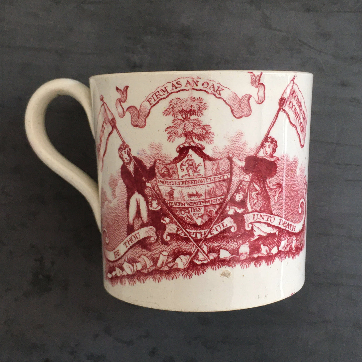 Antique Child's Mug Temperance Movement ‘Firm As An Oak’ Red Transfer Ware C 1835