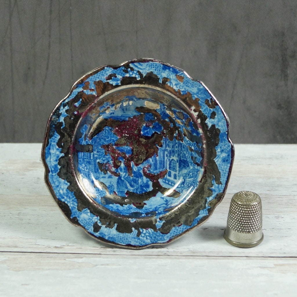 19th Century Silver Lustre Toy Dish Queen of Sheba Blue Transferware