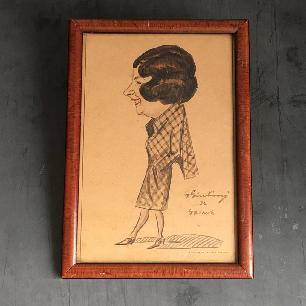 20th Century Art Deco Original Italian American Caricature Portrait 1930s Lady By Guido Giuliani