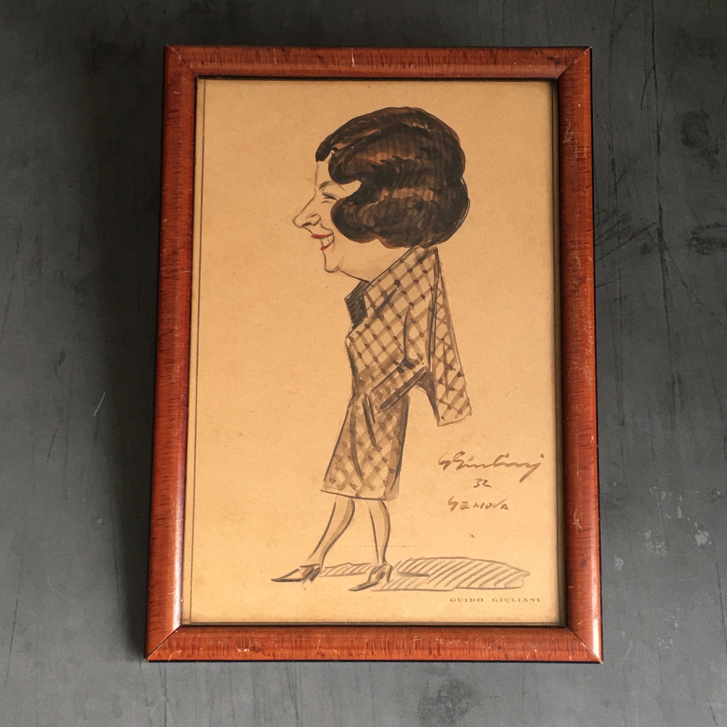 20th Century Art Deco Original Italian American Caricature Portrait 1930s Lady By Guido Giuliani