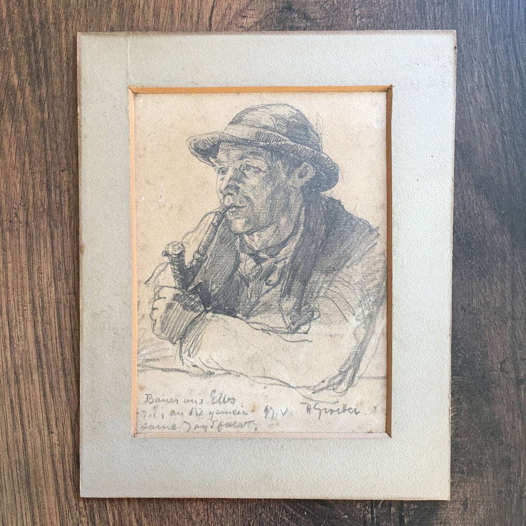 Hermann Groeber Graphite Sketch, Portrait of Young Pipe Smoker, German Circa 1900