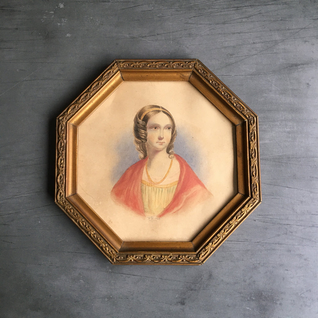 Antique 19th Century Portrait Painting Of A Lady Red Shawl Octagonal Frame Circa 1840s