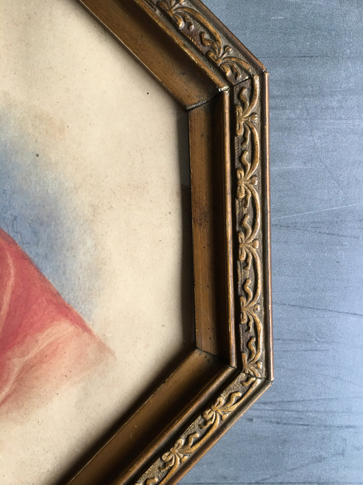 Antique 19th Century Portrait Painting Of A Lady Red Shawl Octagonal Frame Circa 1840s
