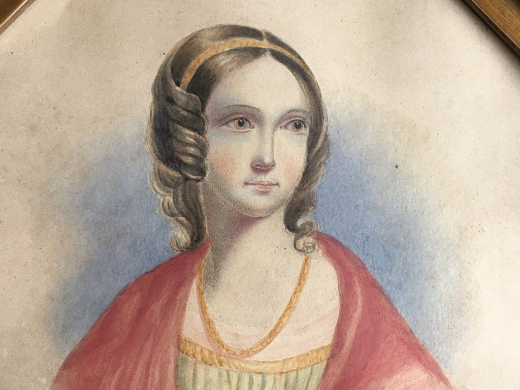 Antique 19th Century Portrait Painting Of A Lady Red Shawl Octagonal Frame Circa 1840s