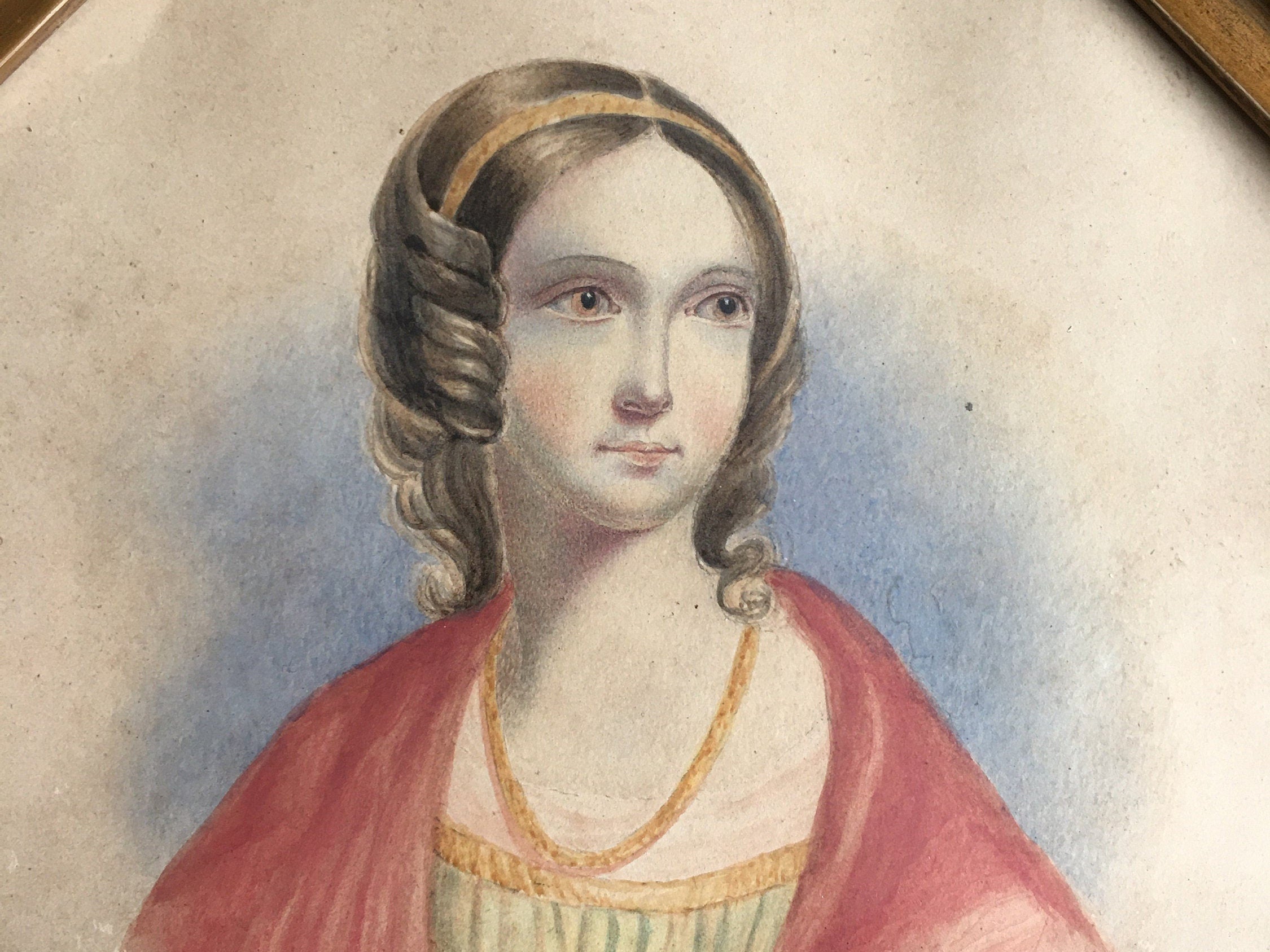 Antique 19th Century Portrait Painting Of A Lady Red Shawl Octagonal Frame Circa 1840s