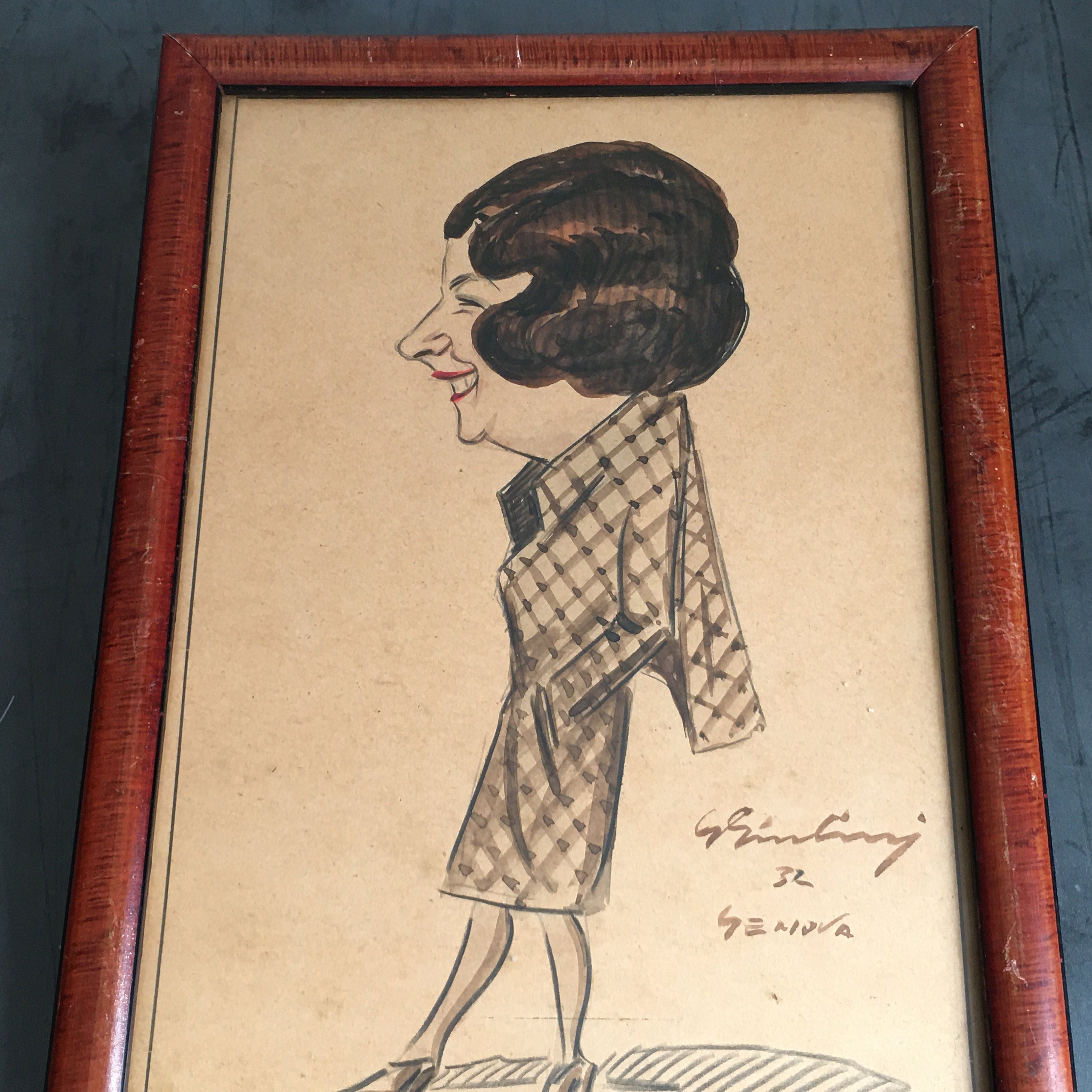 20th Century Art Deco Original Italian American Caricature Portrait 1930s Lady By Guido Giuliani