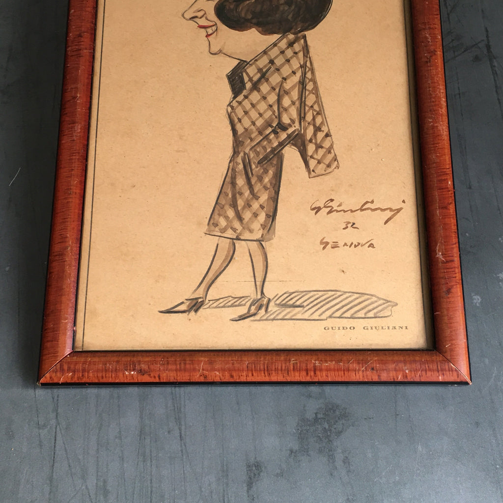 20th Century Art Deco Original Italian American Caricature Portrait 1930s Lady By Guido Giuliani