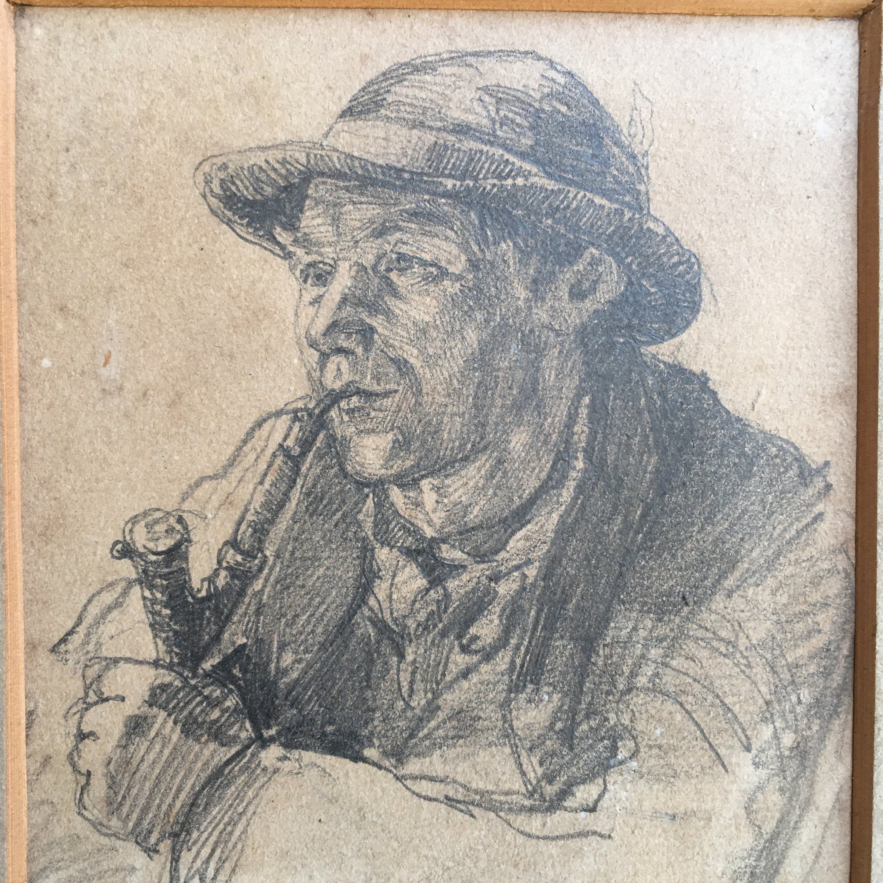 Hermann Groeber Graphite Sketch, Portrait of Young Pipe Smoker, German Circa 1900
