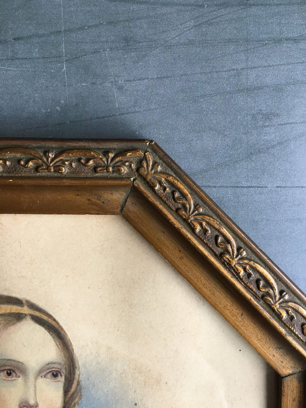 Antique 19th Century Portrait Painting Of A Lady Red Shawl Octagonal Frame Circa 1840s
