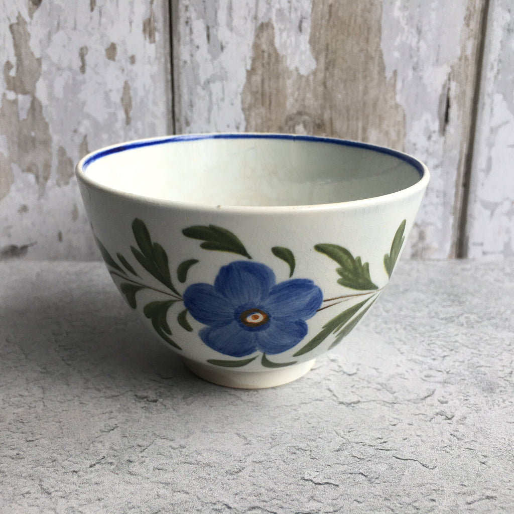 19th Century English Pottery Tea Bowl Blue Flower Pearlware C 1810 Folk Art Naïve