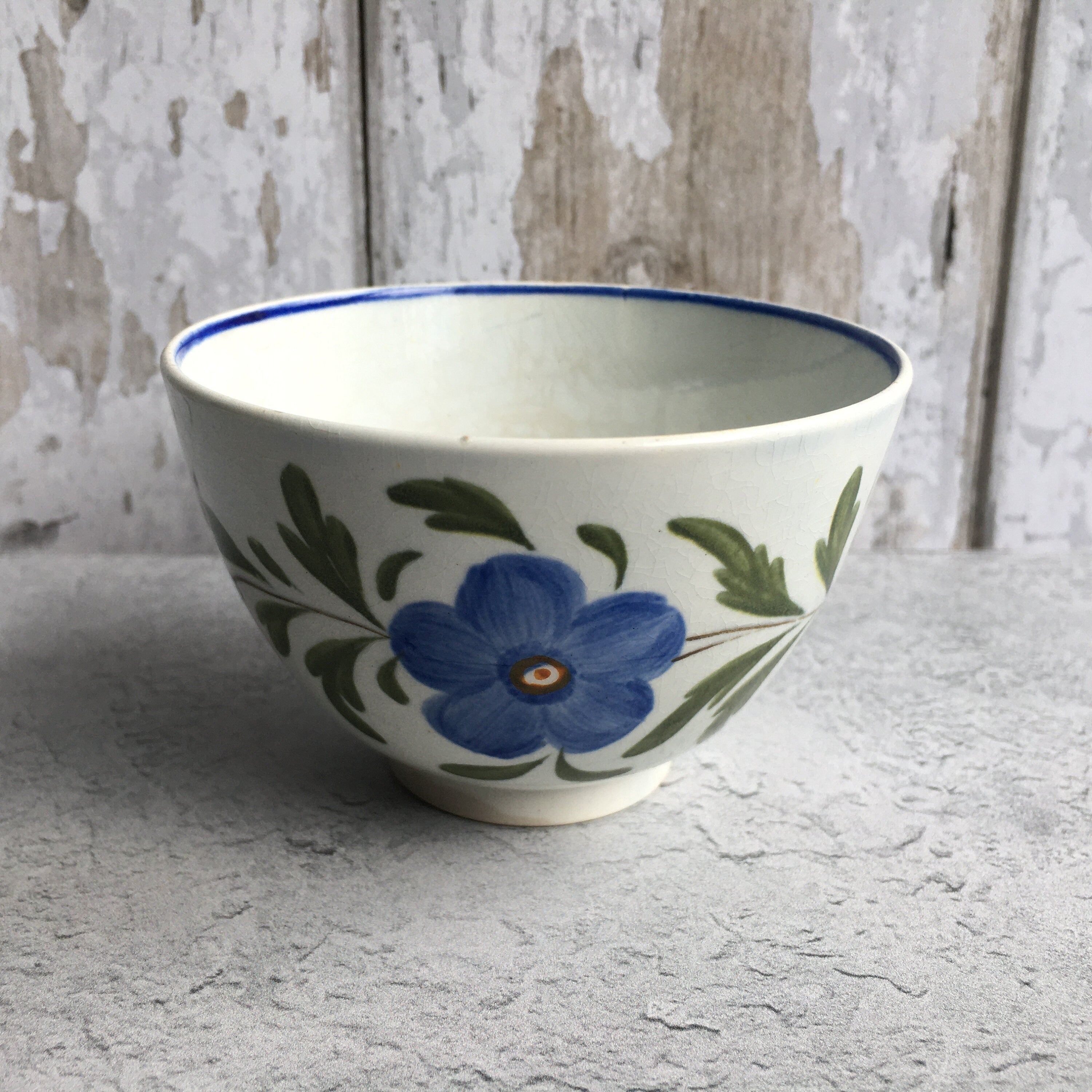19th Century English Pottery Tea Bowl Blue Flower Pearlware C 1810 Folk Art Naïve