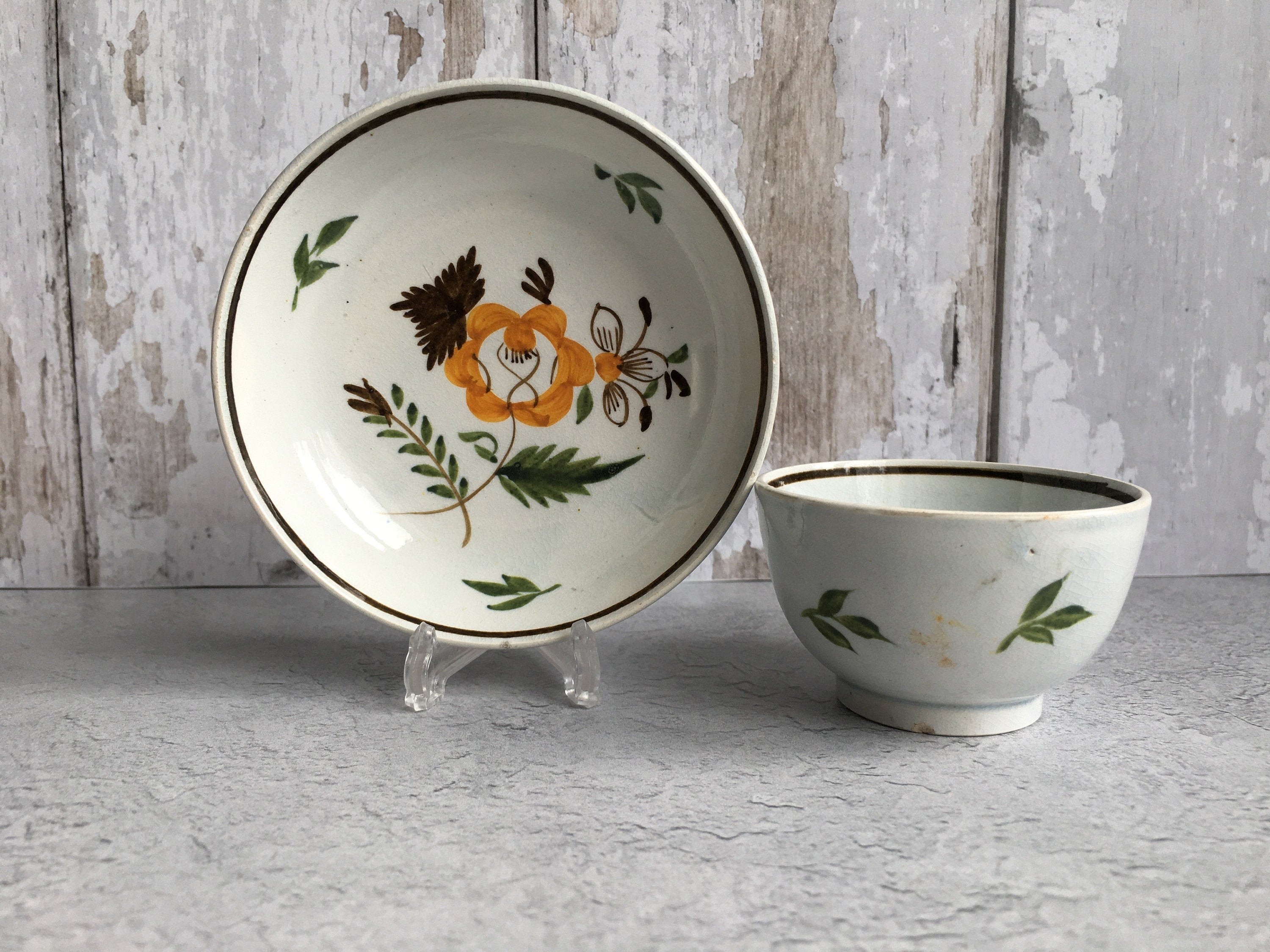 1790 Pratt Ware Child's Tea Bowl & Saucer Naive Pearlware Miniature